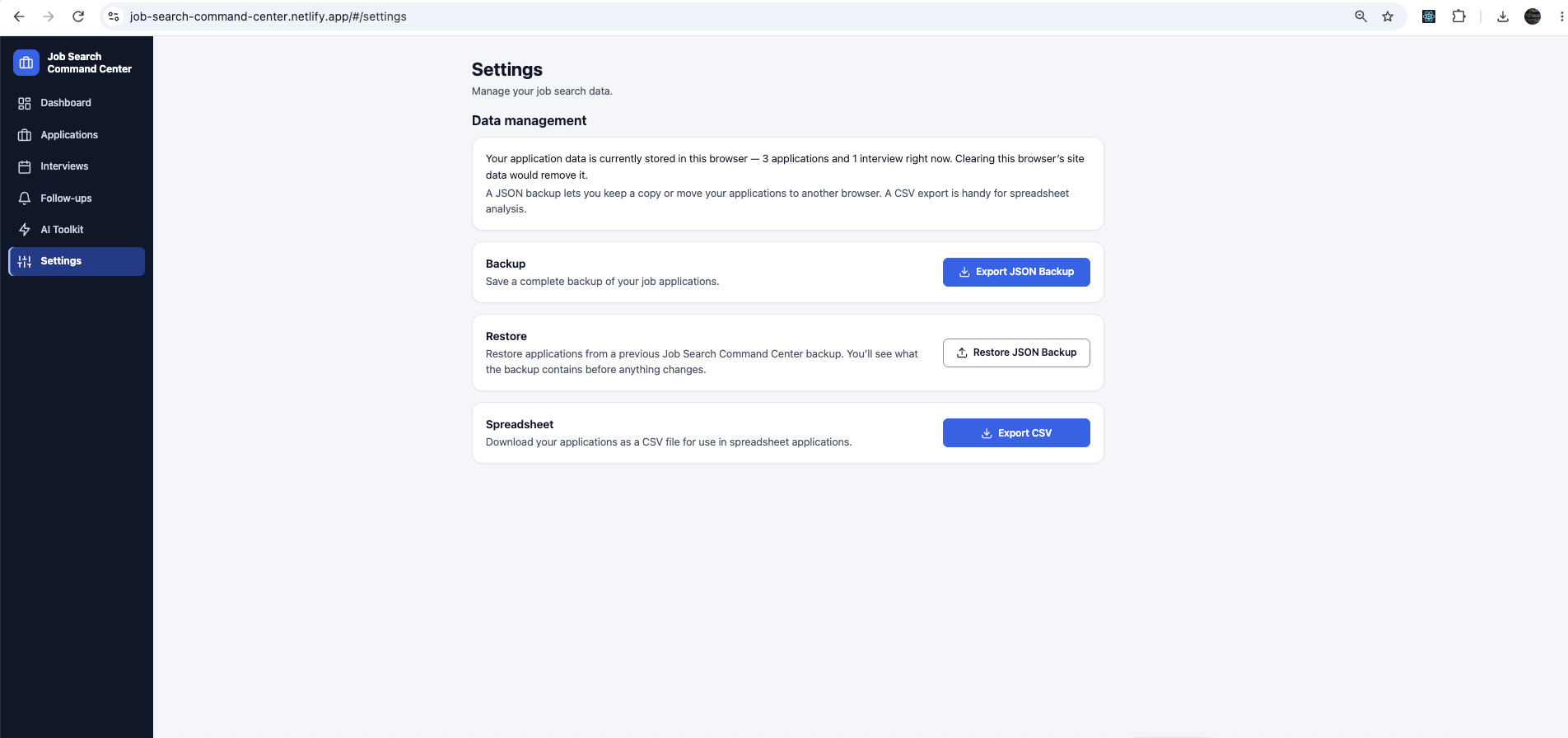 Settings page with data management options to export a JSON backup, restore a JSON backup and export applications as a CSV file.